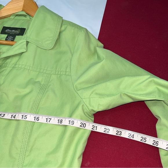 Eddie Bauer Lime GREEN TRENCH Coat HIDDEN BUTTONS Jacket lined Pockets 0373 LRG - Picture 9 of 16
